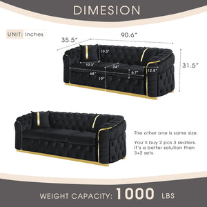 English Elm 2pcs Italian Velvet Chesterfield Sofa Set Tufted Three Seater with Gold Steel Legs W1191S00069