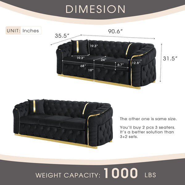 English Elm 2pcs Italian Velvet Chesterfield Sofa Set Tufted Three Seater with Gold Steel Legs W1191S00069
