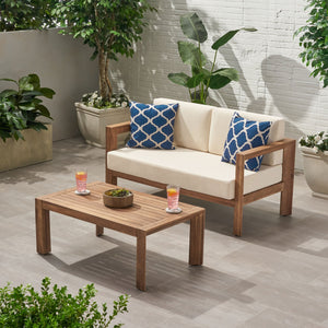 English Elm Christopher Knight Home® - GENSER Plush Beige & Brown Loveseat with Acacia Coffee Table — Water-Resistant Cushions, Durable Outdoor Set 66073.00DLBGE