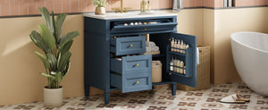 English Elm 36'' Bathroom Vanity With Sink, Modern Indigo Blue Storage Cabinet Featuring 3 Drawers & Adjustable Shelf N710P230246M