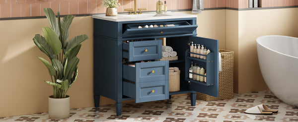 English Elm 36'' Bathroom Vanity With Sink, Modern Indigo Blue Storage Cabinet Featuring 3 Drawers & Adjustable Shelf N710P230246M
