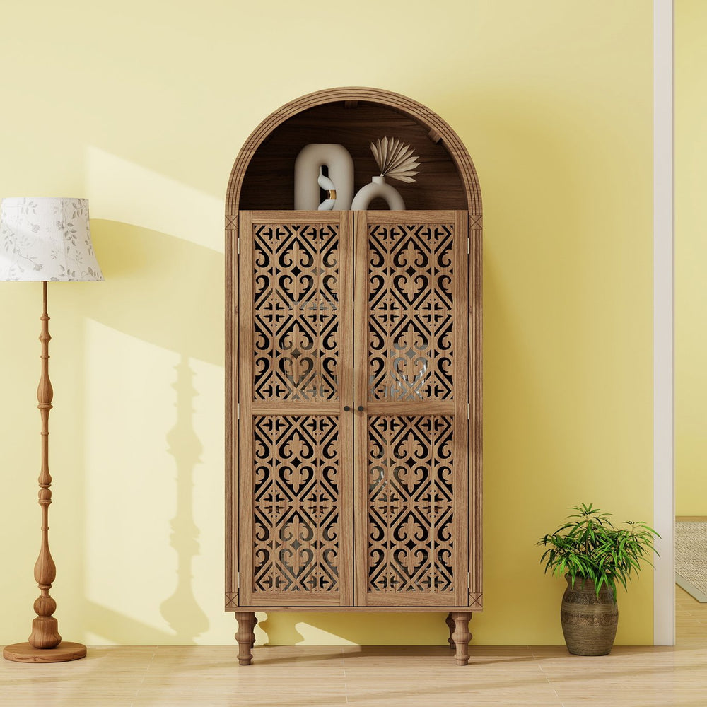 English Elm 70.28" Tall Walnut Pantry Cabinet Lattice Carved Doors Adjustable Shelves Two Drawers W688P303382