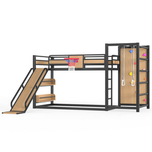 English Elm Twin Metal Loft Bed with Slide Basketball Hoop Climbing Wall and Built-in Shelves W1580S00631
