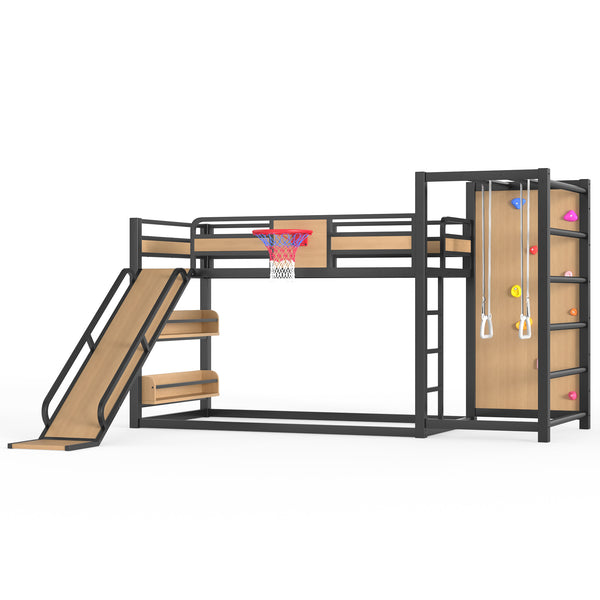 English Elm Twin Metal Loft Bed with Slide Basketball Hoop Climbing Wall and Built-in Shelves W1580S00631