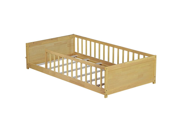 English Elm Twin Floor Platform Bed With Book Rack & Fence, Durable Natural Finish For Cozy Kids' Rooms W504P345766-GIGA