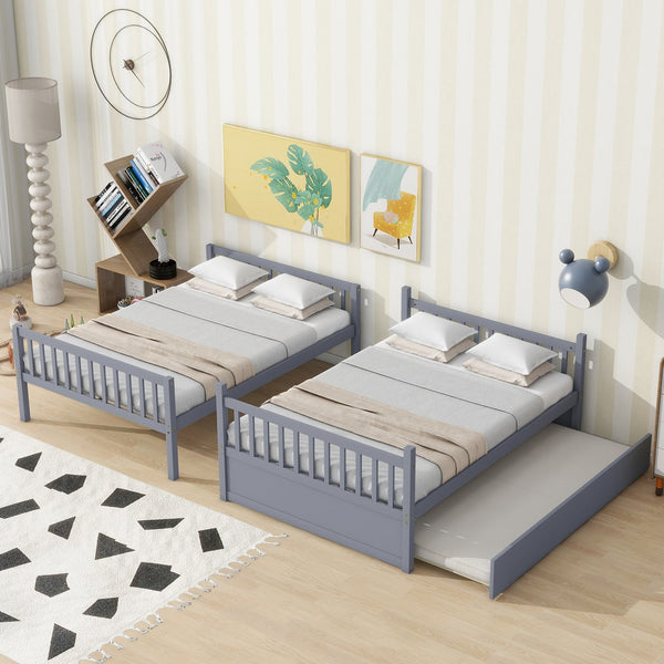 English Elm Full Over Full Bunk Bed With Twin Trundle, Ladder & Guardrails - Rustic Grey, Space-Saving Design W504S00178