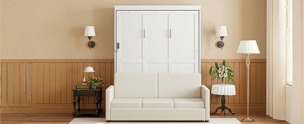 English Elm Full Size Murphy Wall Bed with Integrated Linen Sofa for Studio or Guest Room White LP000890AAK-1