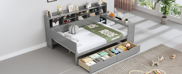 English Elm Wooden Twin Daybed with Trundle Built-in Desk and Open Shelves for Kids Rooms Gray N733S373385E