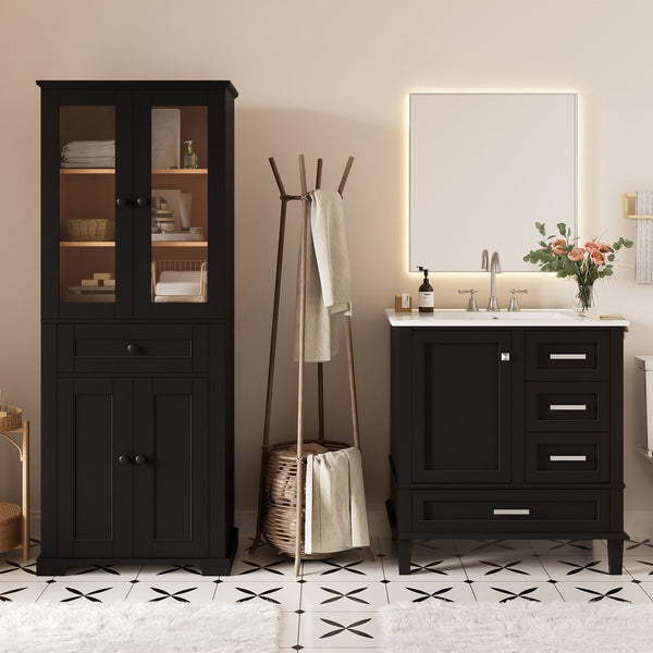 English Elm 67.57" Tall Matte Cabinet Vanity Combo with Glass Doors Soft-close Drawers Sink Black N729P000033B