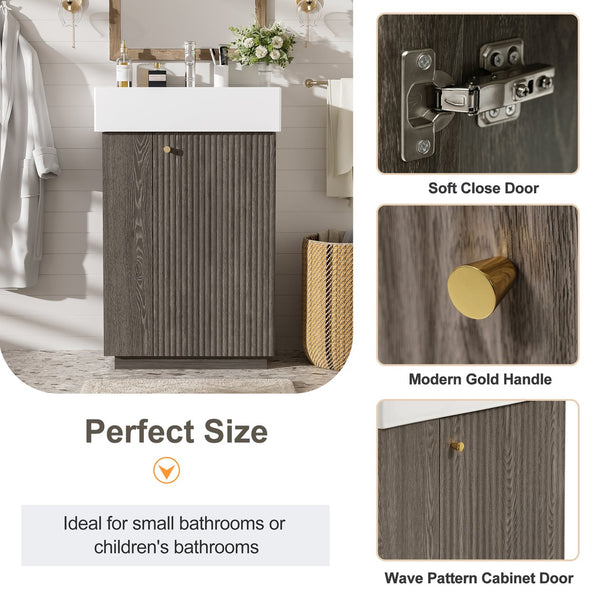 English Elm [video]21.6" Freestanding Bathroom Vanity Ceramic Sink Wavy Door Mdf Cabinet Small Bath Dark Grey N729P285503G