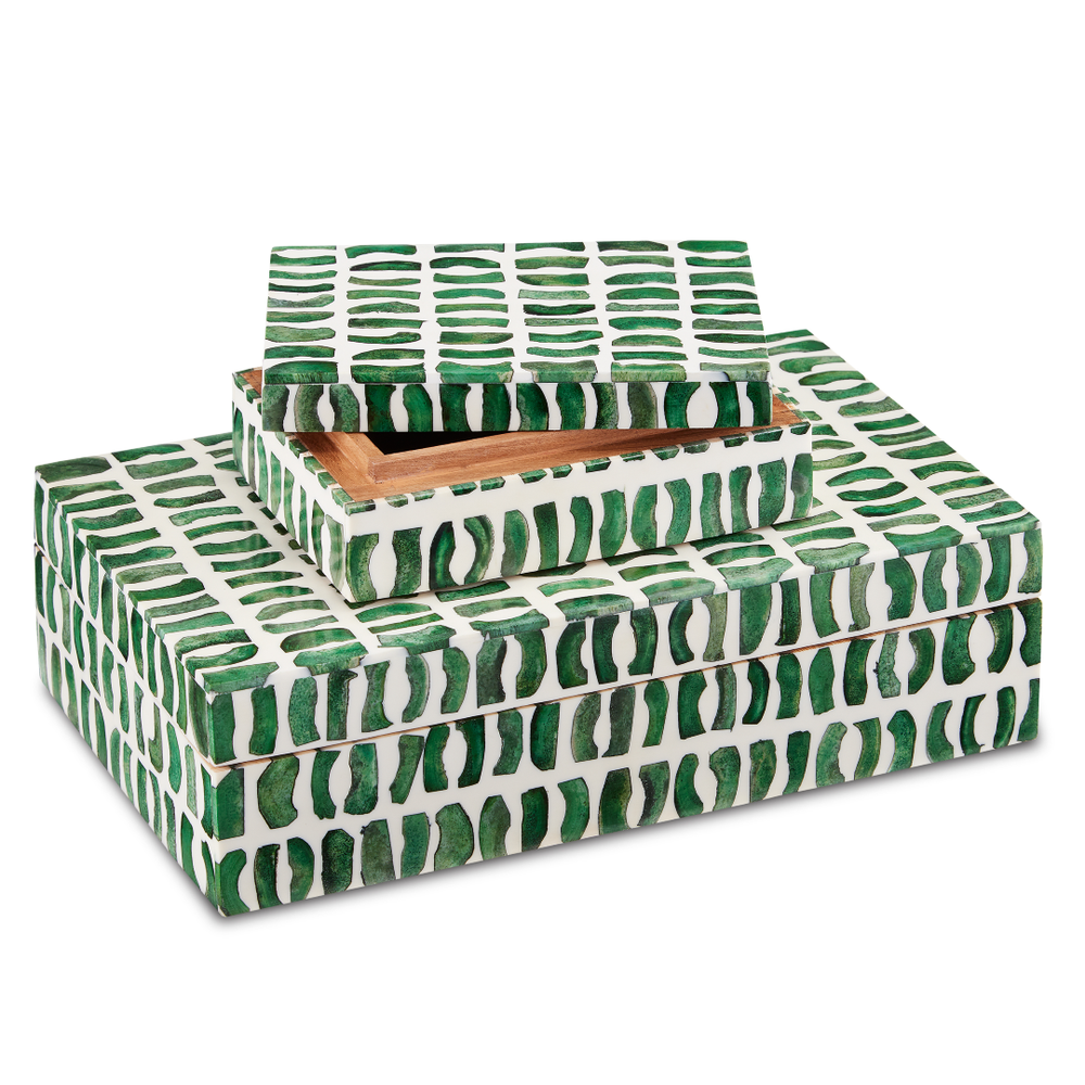 Emerald Decorative Box Set of 2 - Irregular Green Bone Design on White Composite for Stylish Storage