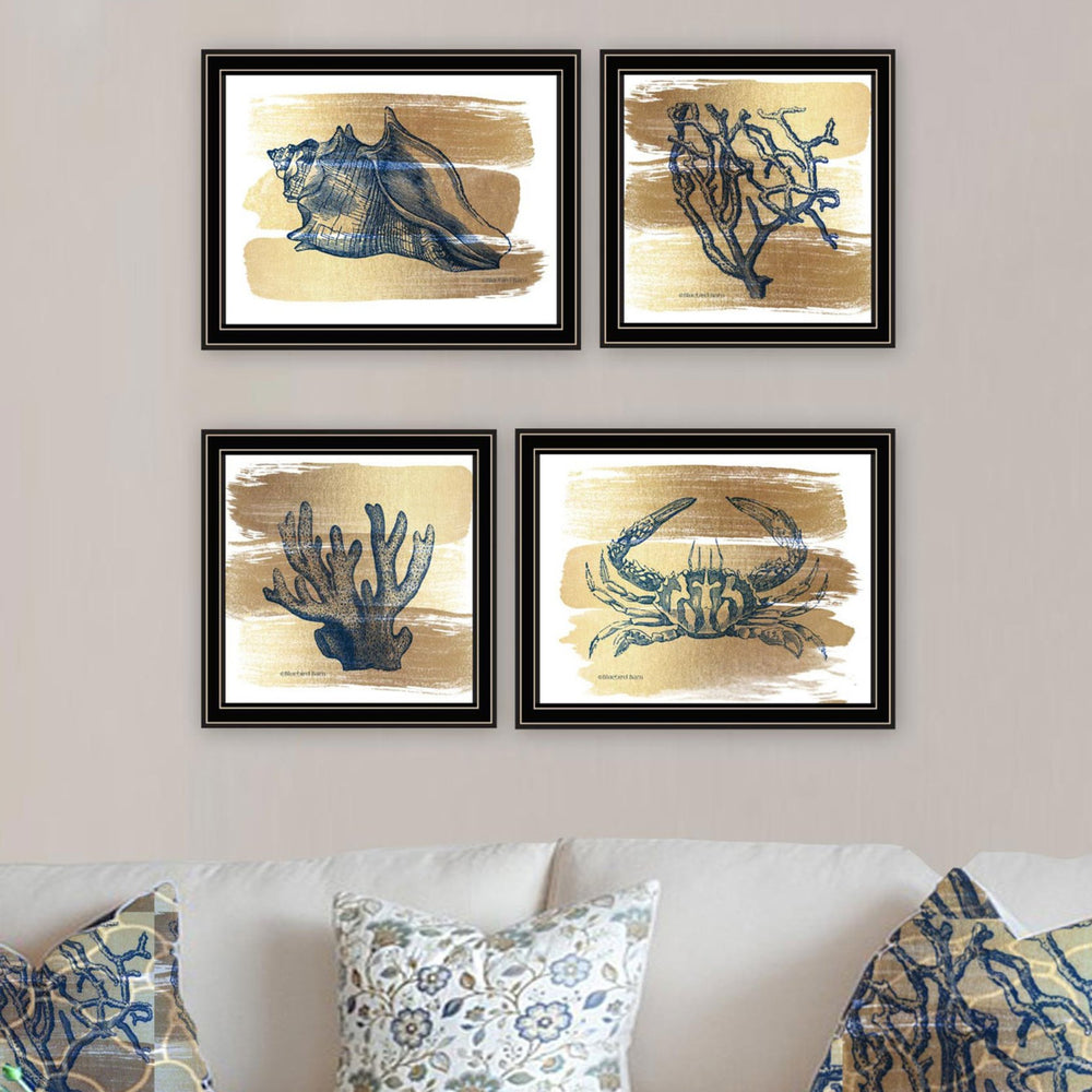 English Elm Trendy Gold Sea Coastal Four Panel Matte Black Framed Art Set for Living Room B067P255239