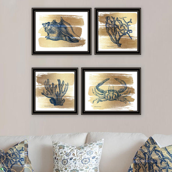 English Elm Trendy Gold Sea Coastal Four Panel Matte Black Framed Art Set for Living Room B067P255239