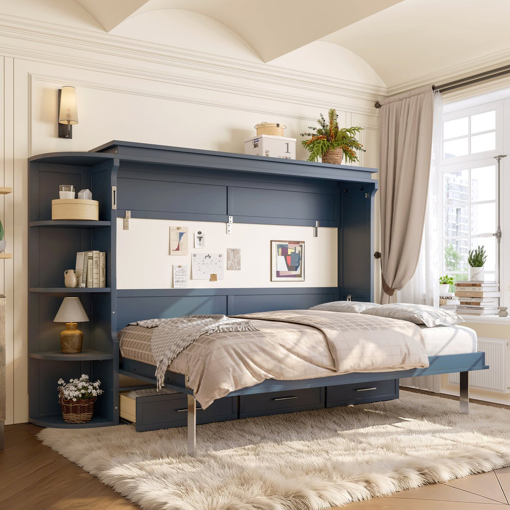 English Elm Full Size Murphy Wall Bed with Side Cabinets Three Drawers and Shelving for Small Spaces Blue W1580S00451