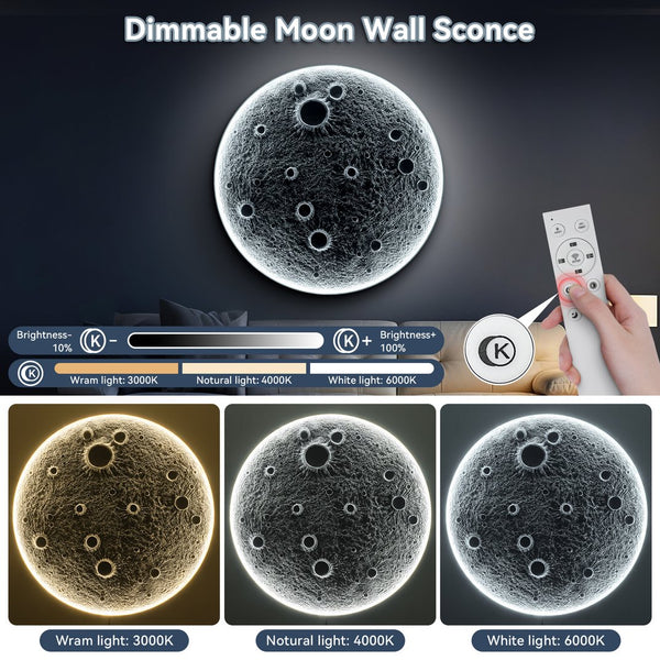 English Elm 32-Inch Resin Moon Wall Light with Remote Dimmer, 30W Main +10W Night Halo, Realistic Crater Texture W2869P361865