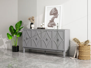 English Elm 4 Door Sideboard Buffet with Hand Carved Geometric Panels Black Oak Finish Raised Legs W688P359831