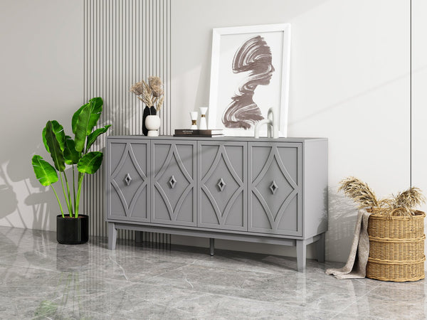 English Elm 4 Door Sideboard Buffet with Hand Carved Geometric Panels Black Oak Finish Raised Legs W688P359831