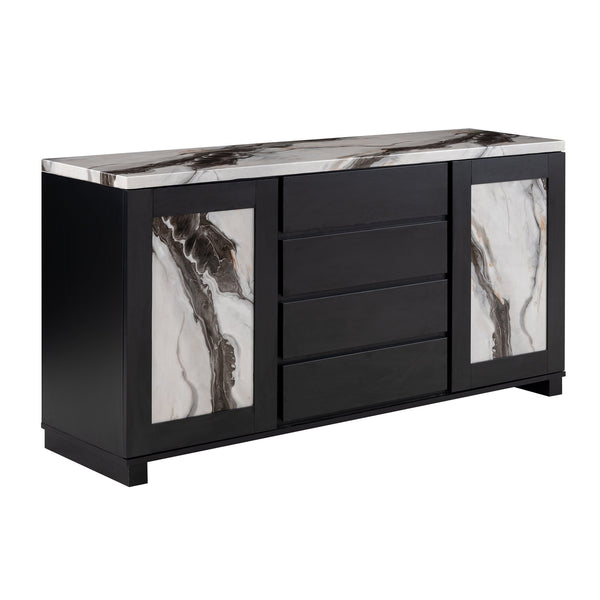 English Elm Stacey Contemporary Black Buffet with Marble Accents, Solid Wood & MDF, 4 Drawers + Doors Included B201P290554