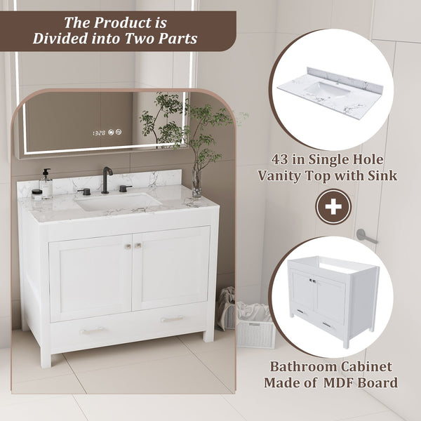 English Elm Modern 43" Bathroom Vanity With Carrara White Top, Soft-Close Drawer & Durable Mdf Cabinet Design W509S00139
