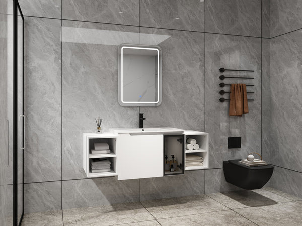 English Elm 54" Floating Bathroom Vanity Glossy White Plywood Cabinet with Ceramic Sink Grey Glass Door W999S00530