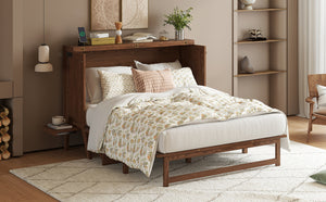 English Elm Queen Murphy Cabinet Bed Solid Pine Build with Usb Charging and Fold Out Desktop Walnut W504S00169