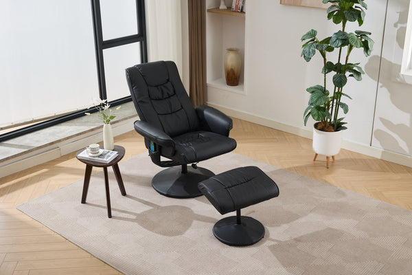 English Elm 015-Recliner Ergonomic Swivel Massage Chair with Ottoman, Heated 5-Point Vibration, 140° PU Recliner Black W2636P262445