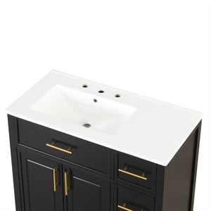 English Elm 36" Matte Freestanding Bathroom Vanity Solid Wood Cabinet Ceramic Sink Three Drawers Black N725P364205B