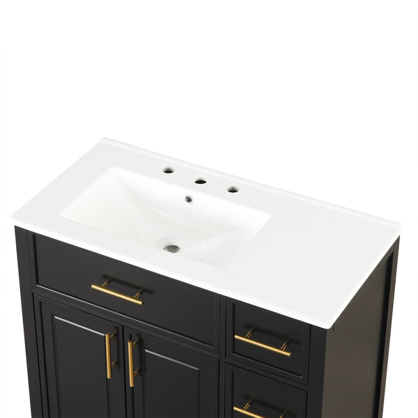 English Elm 36" Matte Freestanding Bathroom Vanity Solid Wood Cabinet Ceramic Sink Three Drawers Black N725P364205B