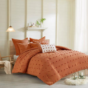 JLA Home Urban Habitat - Cotton Brooklyn Jacquard Comforter Set with Tufted Chenille Dots, OEKO-TEX, Hypoallergenic Fill Rust UH10-2496