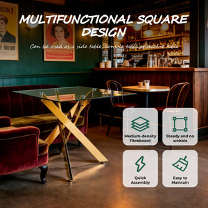English Elm Dining Table Square Tempered Glass Top Cross Metal Base Modern Space Saving Design W234P235264
