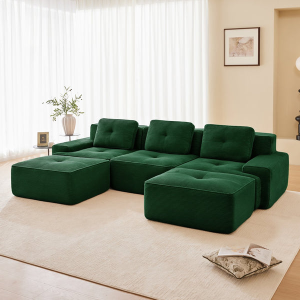 English Elm 117" U-Shaped Modular Sectional Sofa - Stylish Corduroy Couch With Movable Ottoman & Tufted Design W714S01487
