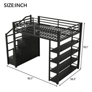 English Elm Full Full Size Metal Loft Bed with Storage Staircase, Shelves, Wardrobe & Guard Rail, Black 70" GX000664AAB
