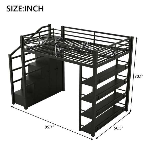 English Elm Full Full Size Metal Loft Bed with Storage Staircase, Shelves, Wardrobe & Guard Rail, Black 70" GX000664AAB