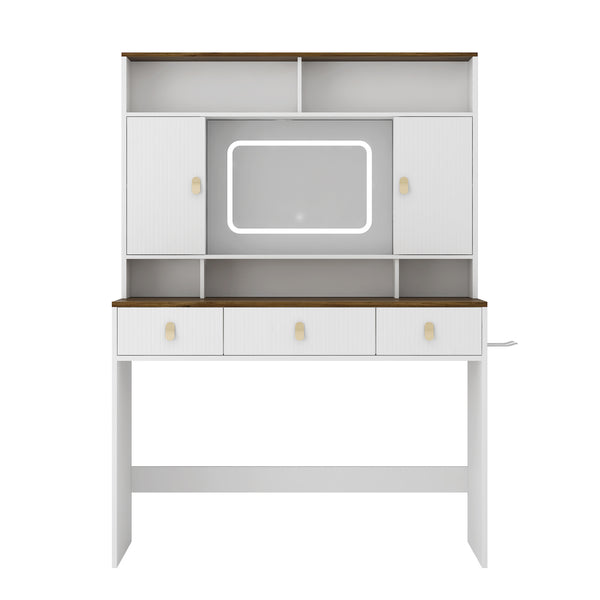 English Elm Farmhouse Vanity with Lighted Mirror Drawers and Styling Tool Storage for Bedroom W1321P423039
