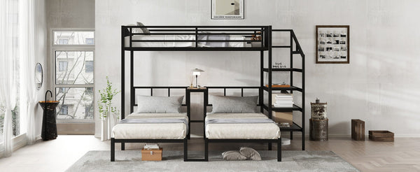 English Elm Twin Bunk Beds For 3 With Desk & Shelves, Space-Saving Metal Triple Bunk Bed, Noise Reduction, Black W1580S00116-GIGA