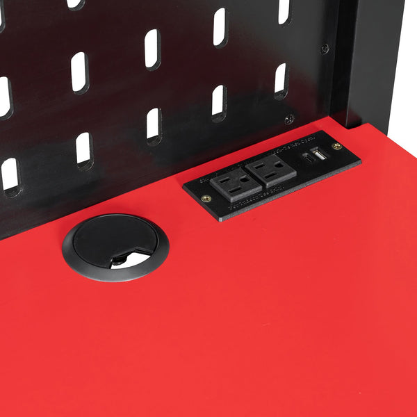 English Elm Full Size Gaming Loft Bed with Built-in Desk Led Lighting Usb Ports and Pegboard Black+Red LT000270AAR