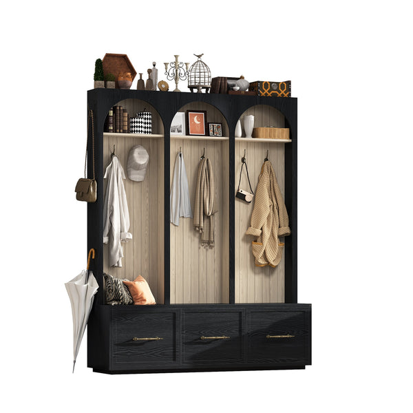 English Elm Farmhouse Hall Tree with Arched Panels Bench Drawers and Hooks for Mudroom Entryway Black W5271S00005