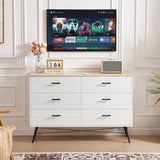 English Elm 6 Drawer Dresser For Bedroom With Deep Drawers, Wood Dressers & Chest Of Drawers, Modern White Long Dressers For Closet Living Room, 47.2"W X 15.7"D X 31.5"H, White & Oak