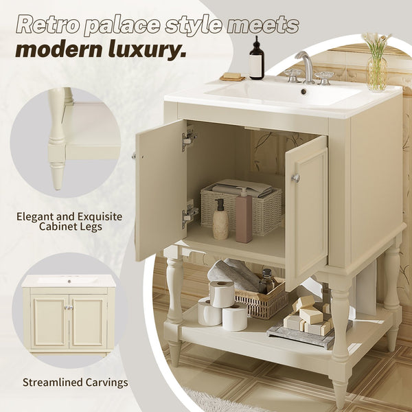 English Elm 24'' French Style Bathroom Vanity with Ceramic Sink Soft Close Cabinet and Drawer Beige N710P411341Y