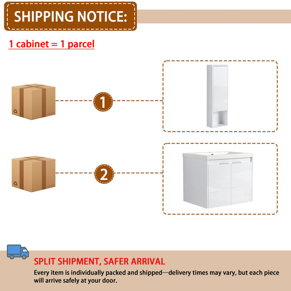 English Elm 24" Modern Wall-Mounted Bathroom Vanity with Resin Sink, Soft-Close Doors, Wall Cabinet, White W999S00418