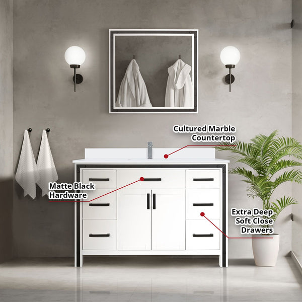 English Elm White 48 in. Bath Vanity with Cultured Marble Top, Faucet & 34" Mirror, Scratch-Resistant Wood Finish B2731S01357