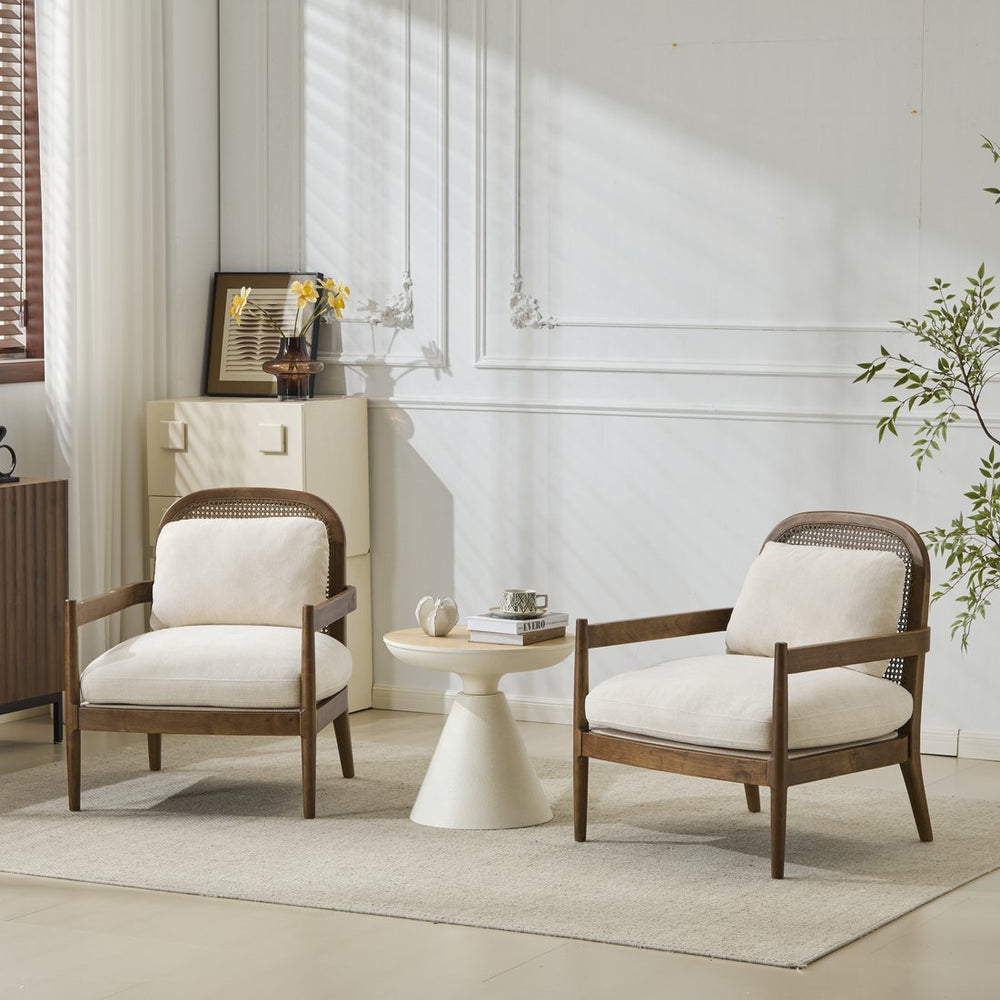 English Elm [set of 2] Mid-century Rattan Back Armchairs Solid Wood Legs Beige Upholstered Seat N767P298390L