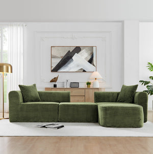 English Elm 114" Cloud Sectional Couch with L-Shape Chaise Modular Corduroy Sofa with Movable Ottoman, No Assembly Required, Plush Comfort for Living Spaces Green W1117P371655