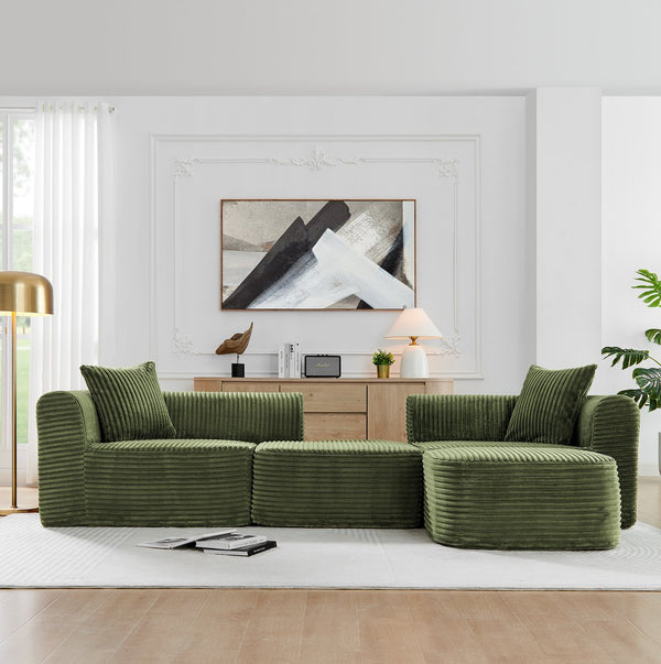 English Elm 114" Cloud Sectional Couch with L-Shape Chaise Modular Corduroy Sofa with Movable Ottoman, No Assembly Required, Plush Comfort for Living Spaces Green W1117P371655