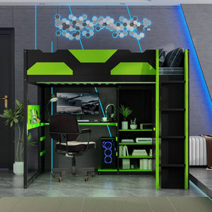 English Elm Full Size Loft Bed with Rgb Lighting Usb Charging Desk Wardrobe and Storage Shelves Green LT000387AAF