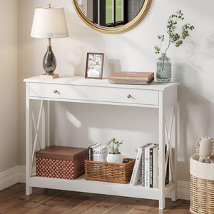 English Elm Console Farmhouse Console Table with Drawer and Open Shelves for Entryway Living Room Storage White T3771P356250