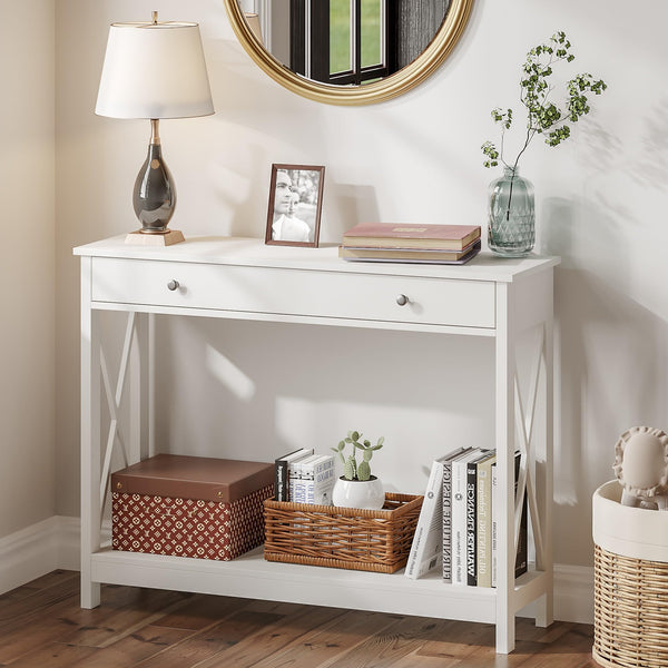 English Elm Console Farmhouse Console Table with Drawer and Open Shelves for Entryway Living Room Storage White T3771P356250