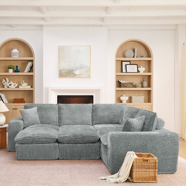 English Elm 107'' Boucle Modular Sectional with Reversible Chaise and Two Ottomans for Living Room Grey W1413S00163