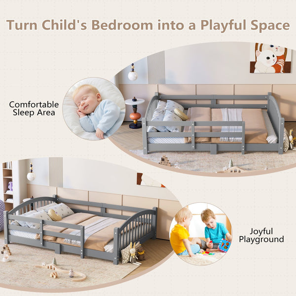 English Elm Full Montessori Pine Wood Floor Bed with Safety Rails Low Profile Kids Room Frame Gray N733P400299E