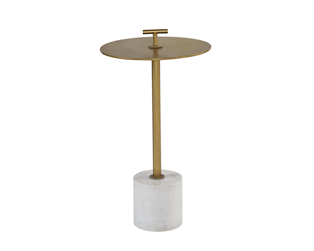 Sunpan Sia Sculptural End Table with Brass Top & White Volakas Marble Base - Perfect for Small Spaces!